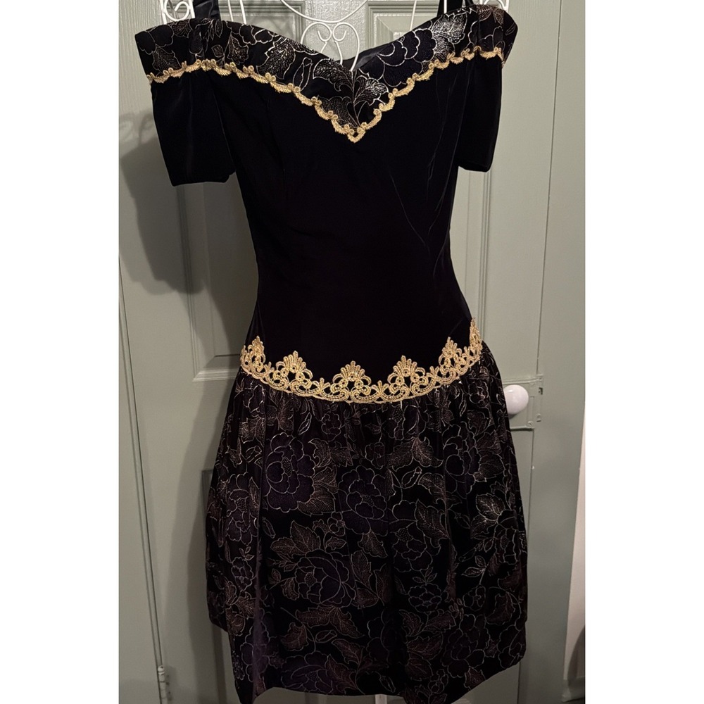 Vintage Scott McClintock Dress Black Velvet Bodice Gold Lace Made in USA Size 8